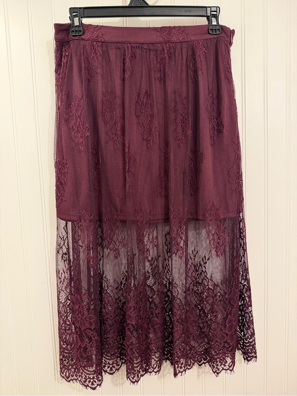 burgundy lace midi skirt